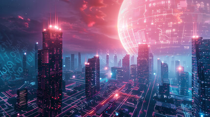 Fototapeta premium A cityscape with a large glowing orb in the sky