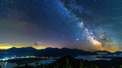 Naklejka premium In the tranquil night, the Milky Way spans the sky, the majestic mountain range stands out clearly in the starlight, a meteor streaks across the night sky, disappearing on the horizon, a serene, myste