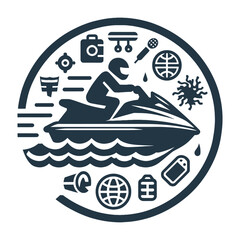 Naklejka premium Vector illustration of a person riding a jet ski, surrounded by various icons in a minimalistic, monochrome style.