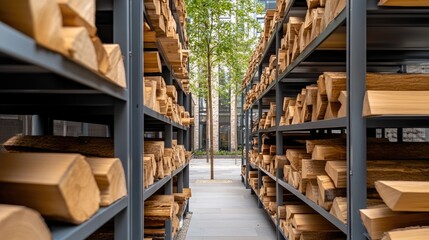 Obraz premium A tidy pile of firewood is arranged next to a brick building, with a paved pathway enhancing the outdoor setting