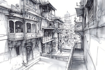 A detailed ink sketch of a narrow street lined with traditional buildings and bustling activity.