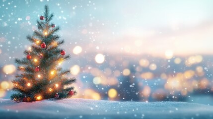 Naklejka premium Christmas tree and christmas lights on abstract snowy landscape background, xmas background concept with advertising space