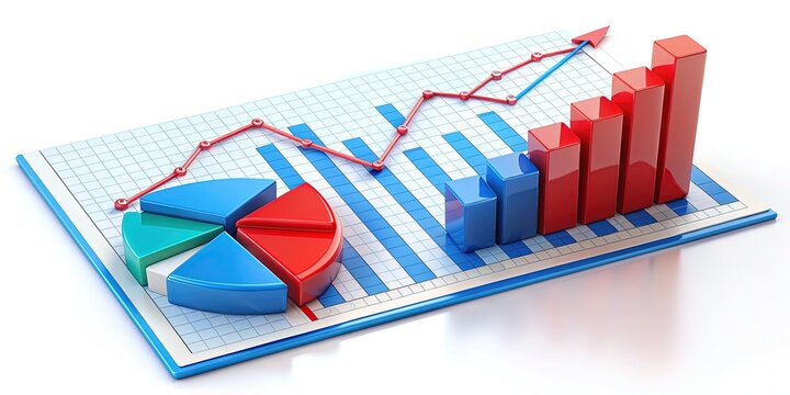 Colorful bar graph and line chart on a white background, comparing statistics and trends, with bold red and blue lines and 3D pie chart sections.