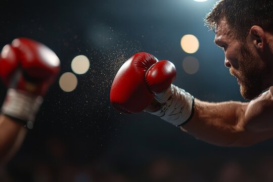 Boxer delivering a powerful punch in a competitive match at an indoor arena during an evening event