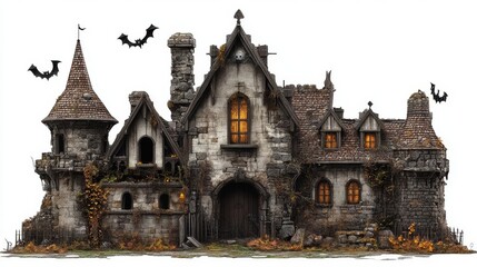 A Halloween haunted castle map, secret passages, cursed rooms, and ghostly residents, high fantasy style, isolated on white background