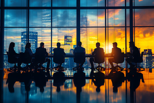 Team meeting in an office in the late afternoon, silhouettes of company employees and coworkers sitting around the table and discussing business and economy