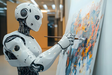 Ai android robot in a modern futuristic gallery creating a painting, showing creative side of robots and cyborgs