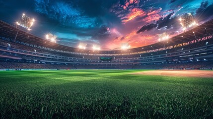 Aerial view of realistic oval sports stadium with floodlights and cricket pitch in urban setting
