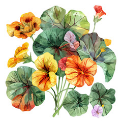 Watercolor of Nasturtium plant, isolated on a white background, and Nasturtium vector