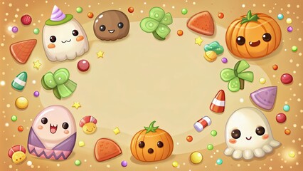 Naklejka premium Cute Halloween Characters and Candy Surrounding a Blank Space