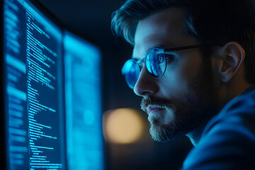 Man working and closely looking at the screen and analyzing cyber information on his computer in data center