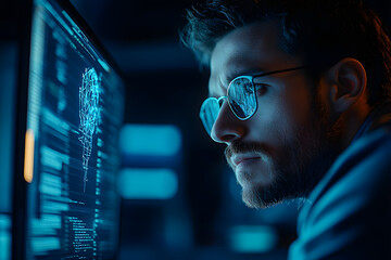 Man working and closely looking at the screen and analyzing cyber information on his computer in data center