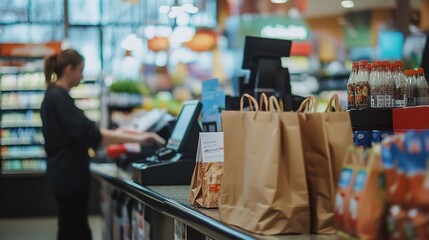 A retail store checkout area with a cashier processing a transaction, with shopping bags and receipts visible