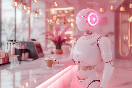 Futuristic cyborg working in a coffee shop as a barista and a waiter 