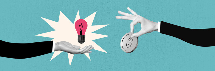 Composite panoramic collage of hands hold light bulb idea finding coin payment exchange business cooperation isolated on painted background