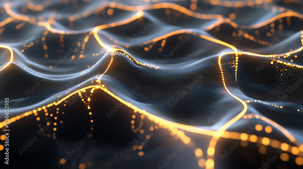 Wall mural 3D render of abstract glowing waves on a black background, close up view, with golden glow lines and dots, futuristic wallpaper, glowing pattern