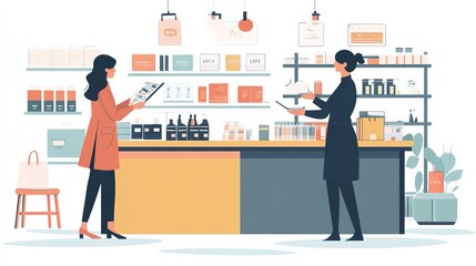 A shop assistant assisting a customer with a product inquiry in a busy retail environment, focusing on customer service