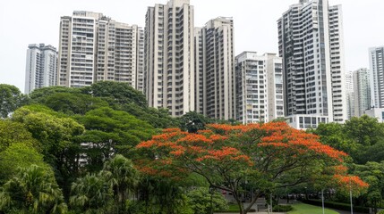 Obraz premium Vibrant red flowers and lush green leaves contrast with the rolling hills of Fiji, showcasing modern architecture under a bright white sky