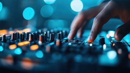 A hand in the midst of adjusting knobs and sliders on a professional DJ mixer, bathed in vibrant blue light, highlighting the control and precision required in music mixing and production.