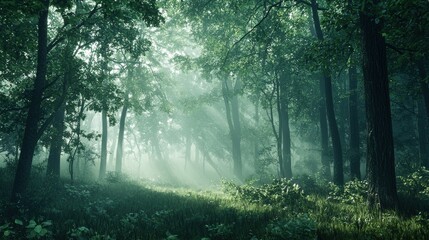 Fototapeta premium Enchanting forest scene shrouded in morning mist, with soft light filtering through the trees. The image captures the ethereal beauty and serene stillness of dawn.