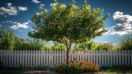 A small green tree stands by a white picket fence, casting shadows under a serene blue sky.