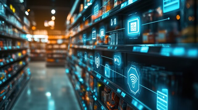 Innovative smart retail store shelves with digital icons displaying cyber security, wi-fi, and connectivity features