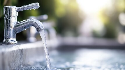 A bright outdoor faucet with water visibly flowing amidst a natural setting, highlighting the essential and refreshing nature of water in a soothing and environmentally friendly context.