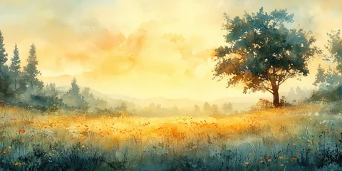 Fotobehang Watercolor Landscape with a Solitary Tree and Golden Light © Agent Neptunus