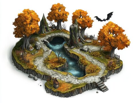 A Halloween witch s forest map, enchanted trees, potionfilled rivers, and hidden lairs, high fantasy design, isolated on white background