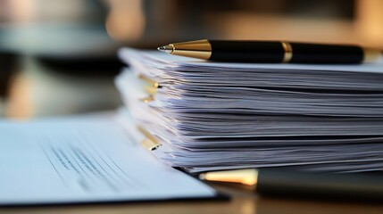 A stack of contracts waiting to be signed, with a pen and notepad placed nearby
