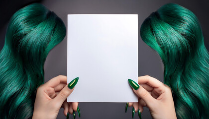 two green hands long nails holding empty sheet providing space inscription