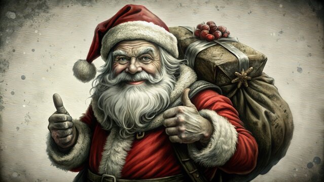 Smiling Santa Claus Giving Thumbs Up While Carrying a Bag of Gifts
