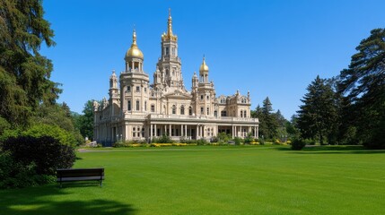 Obraz premium The closed state capital building stands majestically under a clear blue sky, surrounded by green grass and trees on a warm summer day