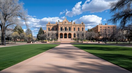 Obraz premium The closed state capital building stands majestically under a clear blue sky, surrounded by green grass and trees on a warm summer day