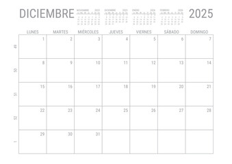 Diciembre Calendario 2025 Mensual para imprimir con numero de semanas A4