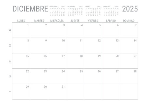 Diciembre Calendario 2025 Mensual para imprimir con numero de semanas A4