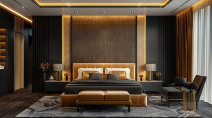 the allure of Art Deco elegance in your bedroom a?" a stylish golden bed, intricate geometric motifs, and a bold black feature wall.