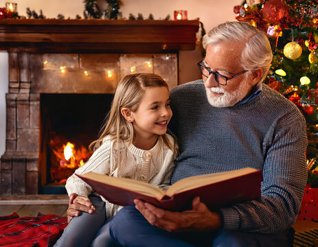 Papi en train de lire une histoire &agrave; sa petite fille pendant les f&ecirc;tes de No&euml;l &agrave; la maison