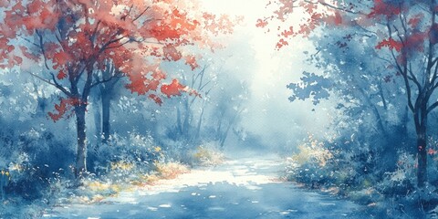 Fototapeta premium Watercolor Painting of a Forest Path with Red and Blue Trees