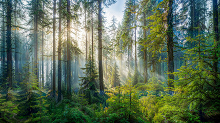 Obraz premium Lush green forest with morning sun rays peeking through trees