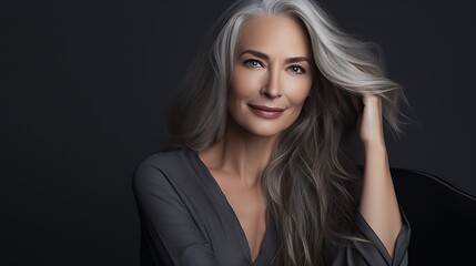 Fototapeta premium A confident woman with long gray hair smiles while playing with her hair in a studio setting.
