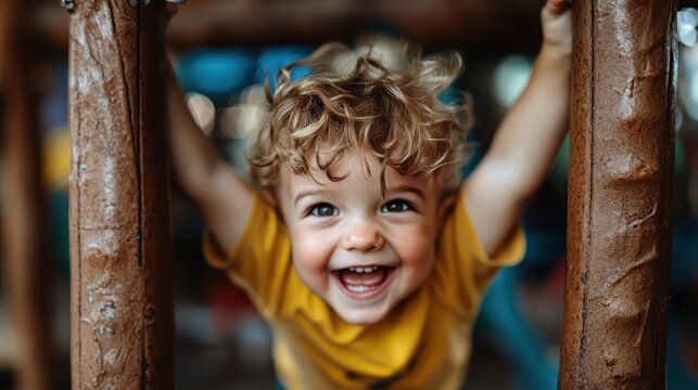 A joyful, curly-haired child hangs playfully on a wooden structure, smiling widely and capturing the essence of childhood innocence, fun, and adventure.