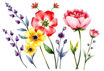 Naklejka premium Colorful various floral pattern with yellow and pink flowers, leaves, and other botanical elements on a white background