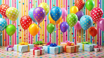 Colorful polka dot and striped balloons float above a festive birthday tablecloth, surrounded by vibrant confetti and a few scattered gifts, creating a playful celebratory atmosphere.