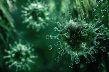 macro, close up virus molecule on abstract green background, epidemic, pandemic, virus infection, seasonal increase in diseases