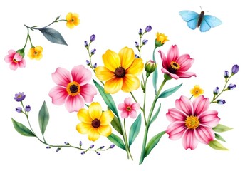 Colorful various floral pattern with yellow and pink flowers, leaves, and other botanical elements on a white background
