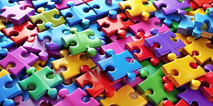 Colorful puzzle pieces fitting together to form a complete whole, representing segmentation, categorization, and organization of complex data, ideas, or concepts into manageable parts.