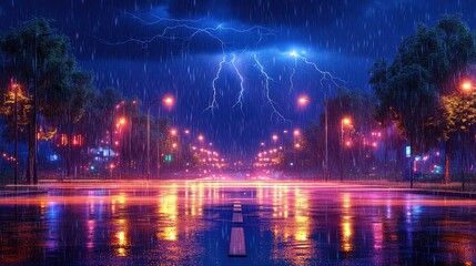 Lightning Storm Over Neon Street