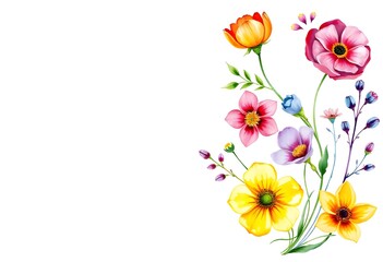 Naklejka premium Colorful assortment of various flowers illustration including roses, daisies, and other blooms with green foliage on a white background