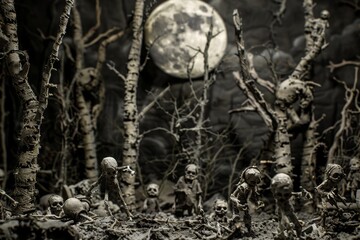 Eerie Forest with Demonic Figures and Creepy Dolls Under Moonlight